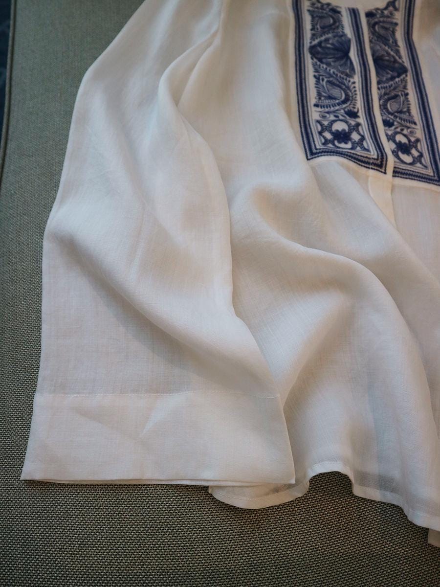 Ethnic Embroidered Linen Shirt - White Boho Blouse for Women - Long Sleeve Ethnic Top - White Peasant Blouse - Handmade Artisan Blouse