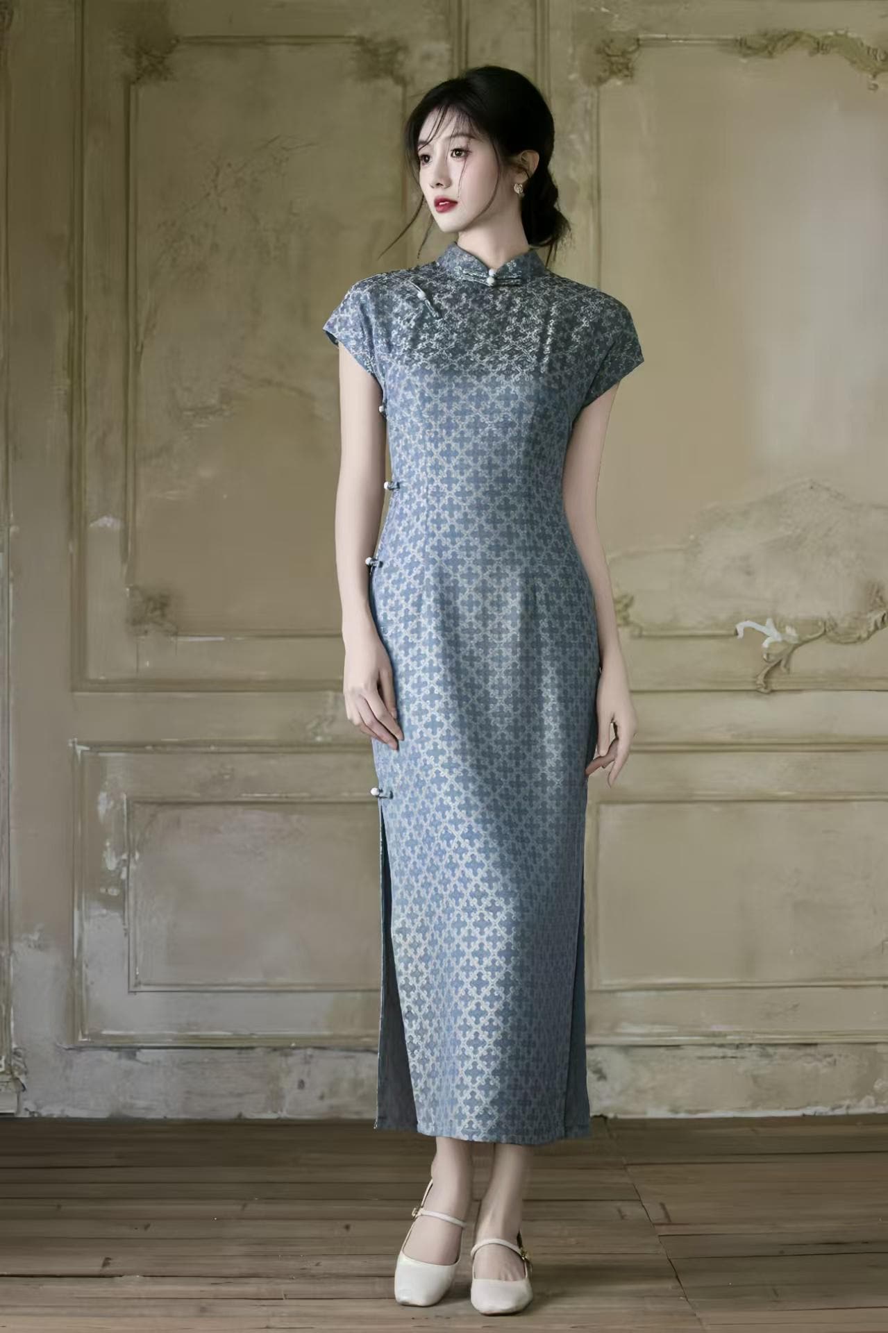 Jacquard Qipao Cheongsam, Elegant Mandarin Collar Dress, Vintage Chinese Dress, Slim Fit Party Dress, Blue Formal Dress, Gift