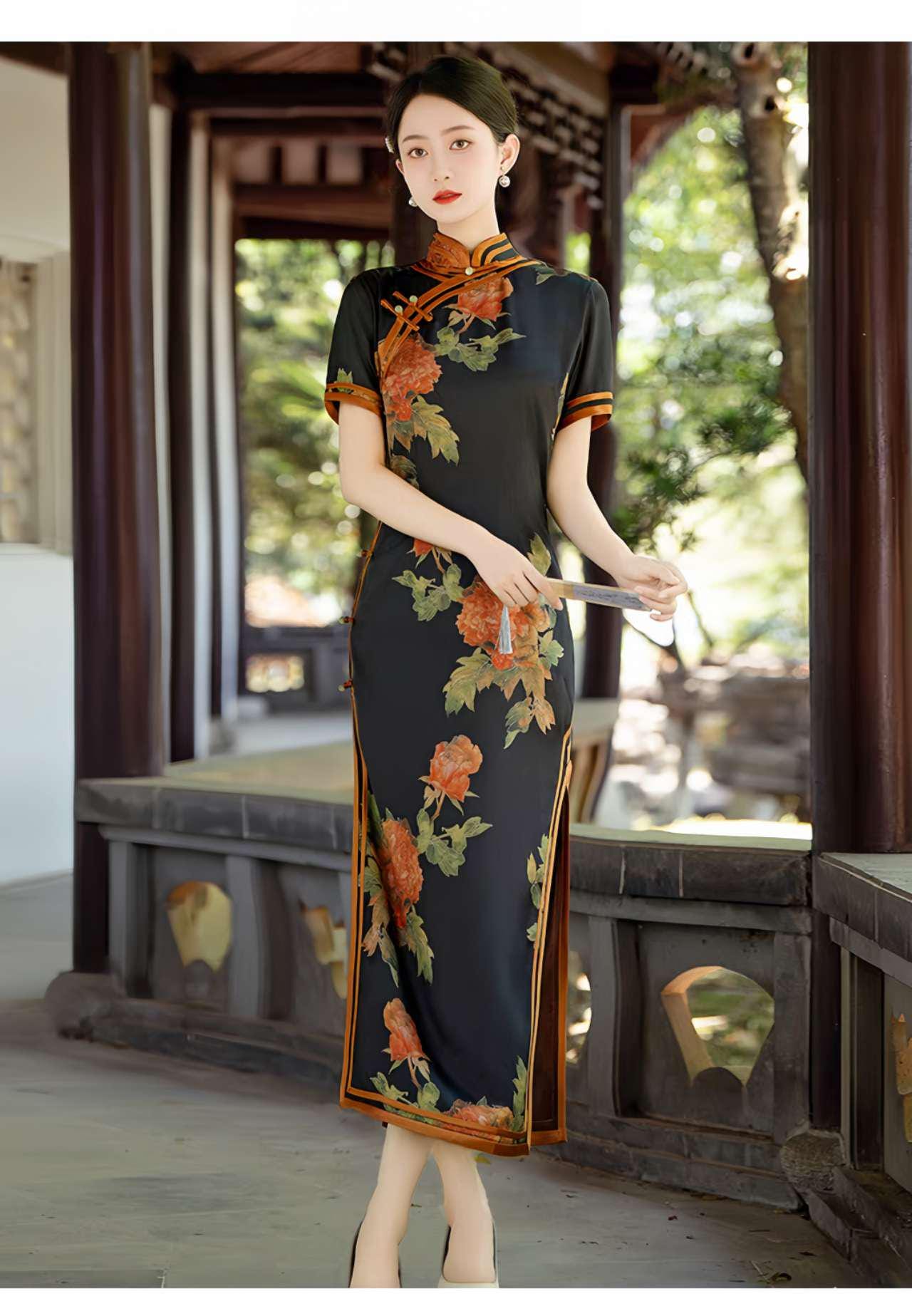 Qipao floral de satén negro, Cheongsam de Estilo Clásico, Vestido de Verano, Vestido Oriental Floral, Vestido de Invitada de Boda Asiática