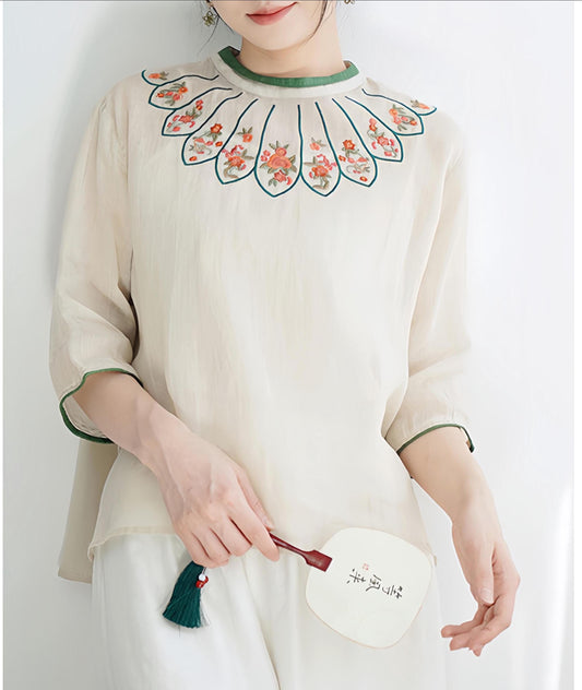 Camisa floral étnica de estilo vintage - Túnica de lino de algodón con bordado popular-  Blusa para mujer inspirada en el arte popular chino