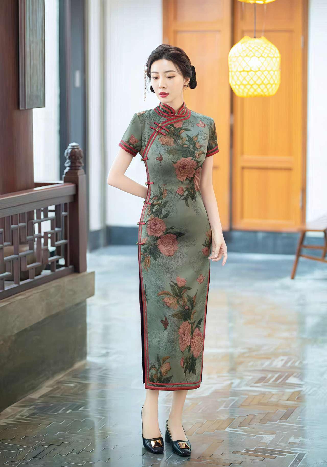 Vintage Floral Qipao, Green Brocade Cheongsam, Oriental Wedding Dress, Asian Retro Dress, Classic Qipao Dress, Tea Ceremony