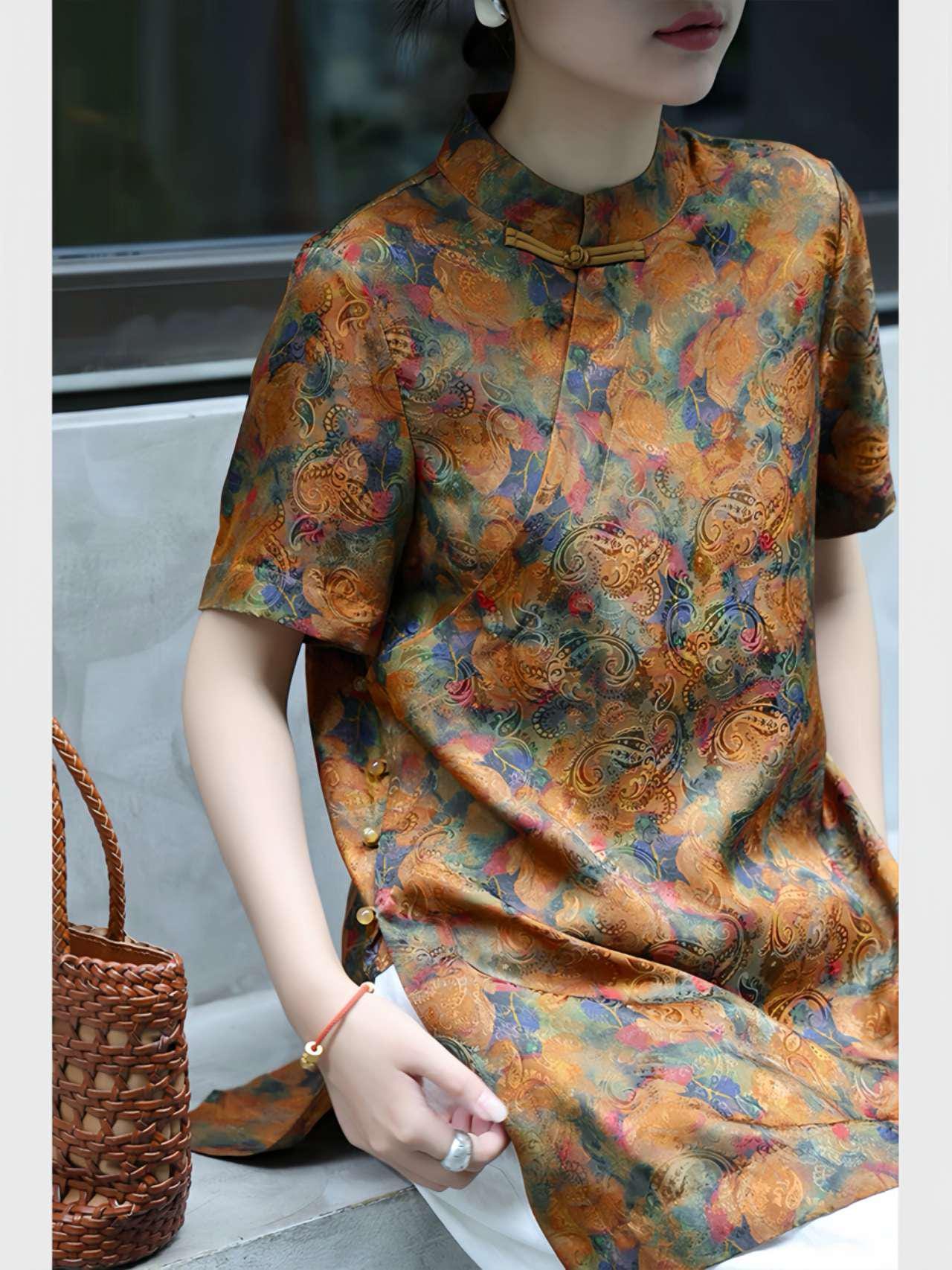 Seda Tang Traje Top, Blusa China Vintage, Camisa Paisley Naranja, Camisa de Verano, Top Tradicional, Blusa Cheongsam, Camisa Boho Étnica