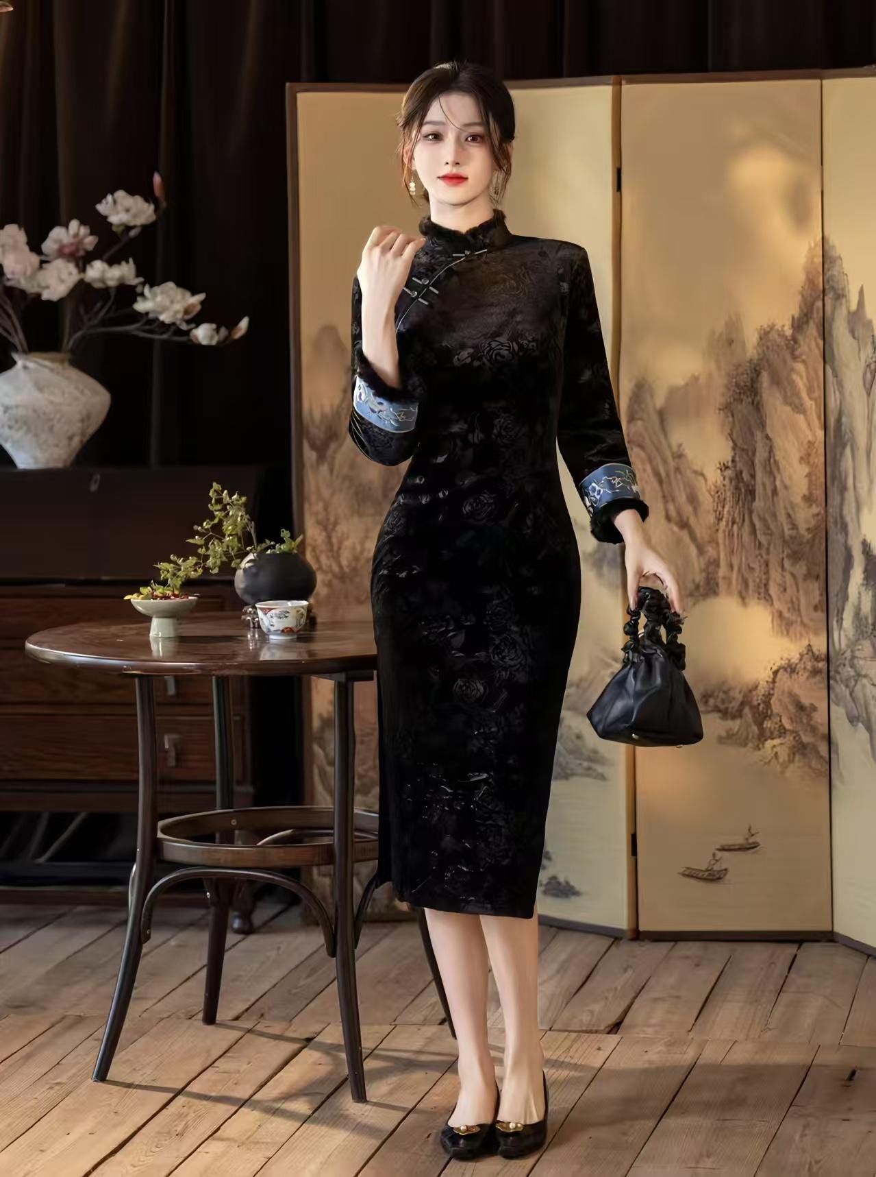 Pink Black Velvet Qipao, Fleece Lined Cheongsam, Elegant Chinese Dress, Gothic Oriental Evening Costume, Vintage Luxury Dress