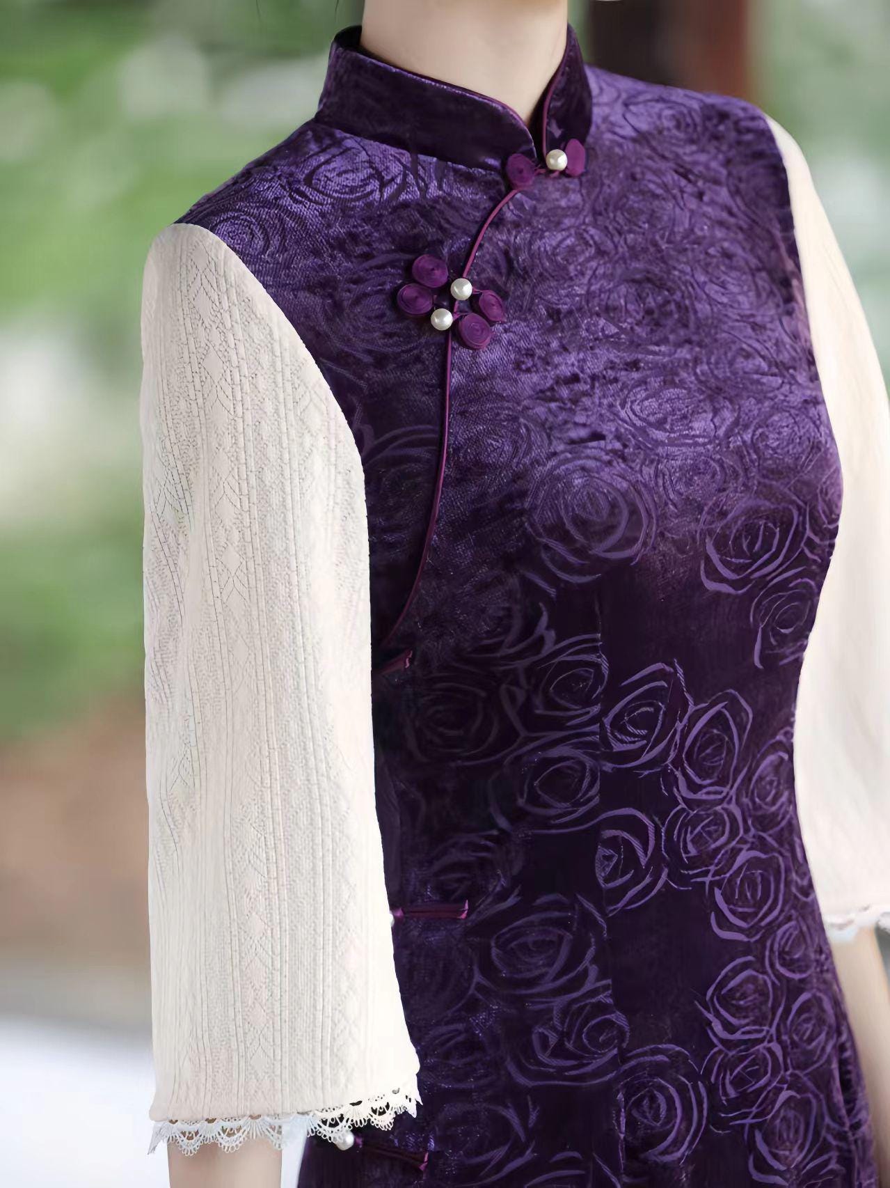 Qipao de Terciopelo,Vestido Cheongsam clásico,Vestido de Fiesta Oriental morado,Vestido Formal Vintage,Cheongsam Retro Floral,para Té o Gala