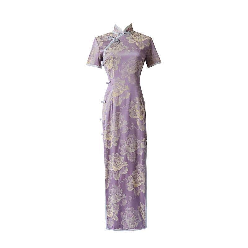 Vestido Qipao Jacquard Acetato Lila | Cheongsam morado Chino Retro | Elegante Vestido de Fiesta Oriental | Cheongsam Floral Mujer