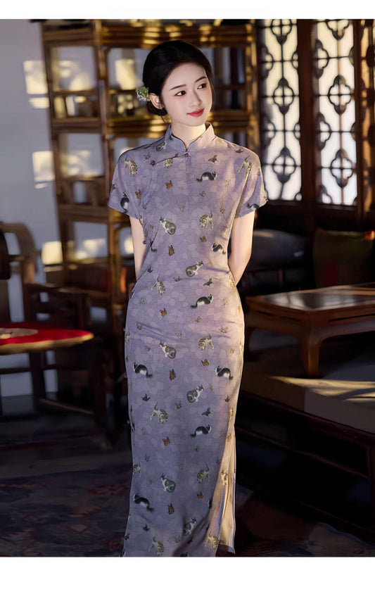 Cheongsam de Gato Morado, Qipao Chino Vintage, Regalo para Ella, Vestido  de Té, Vestido Asiático Artístico, Qipao Elegante y Divertido