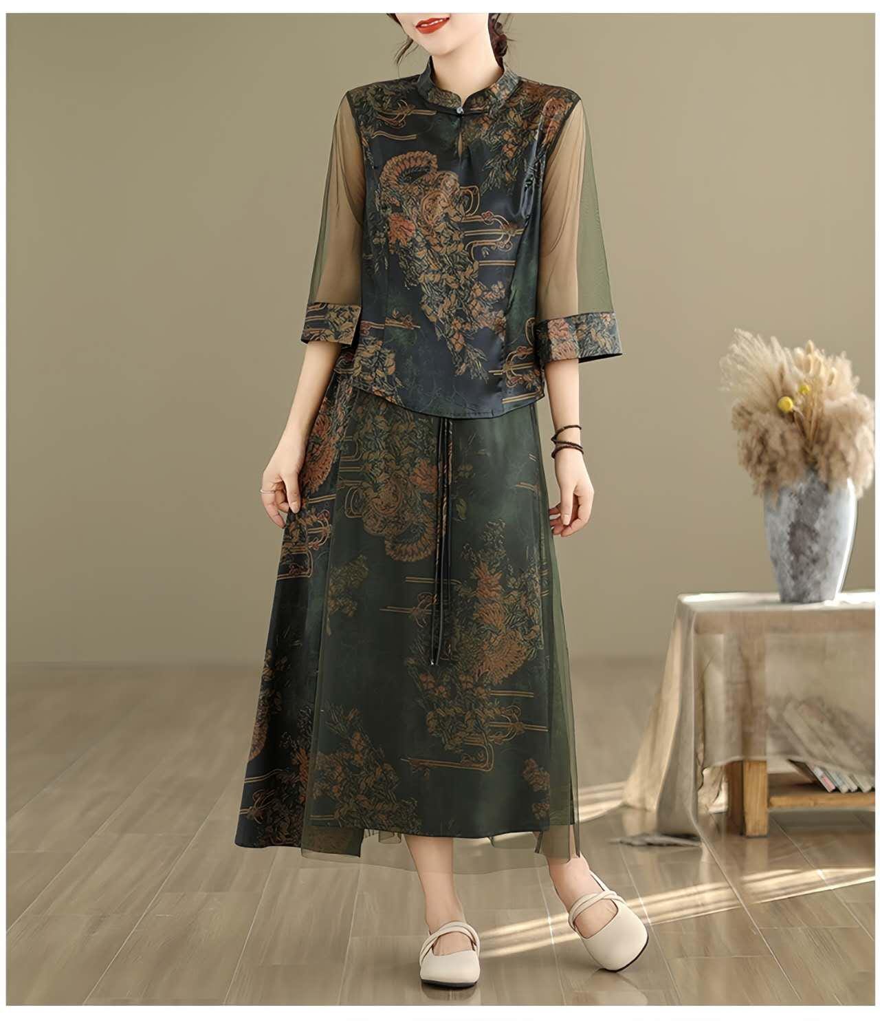 Vestido Chino de Dos Piezas, Traje Vintage Tang,Traje Oriental Cheongsam,Traje Tradicional Asiático,Ropa Retro Estilo Chino,Ceremonia del Té
