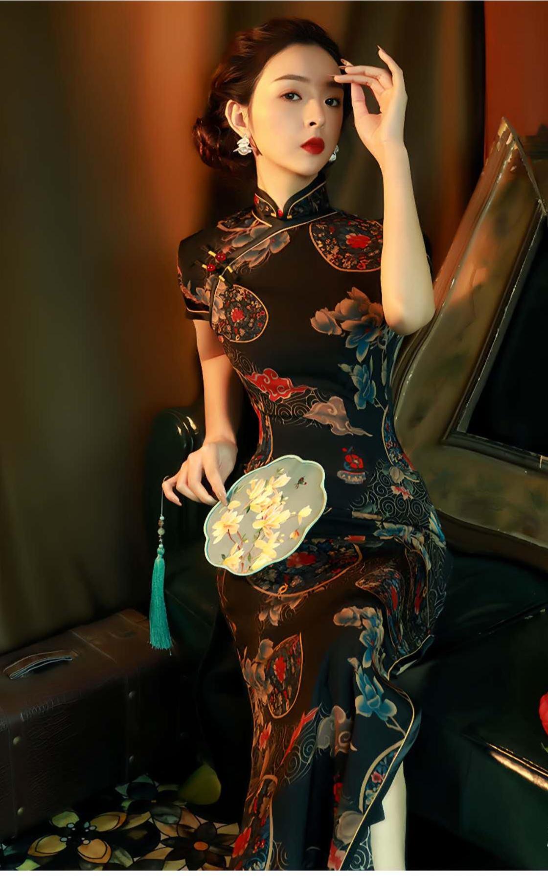 Vintage Chinese Cheongsam - Elegant Evening Dress with Lucky Cloud and Orchid Motif - Unique Printed Oriental Dress