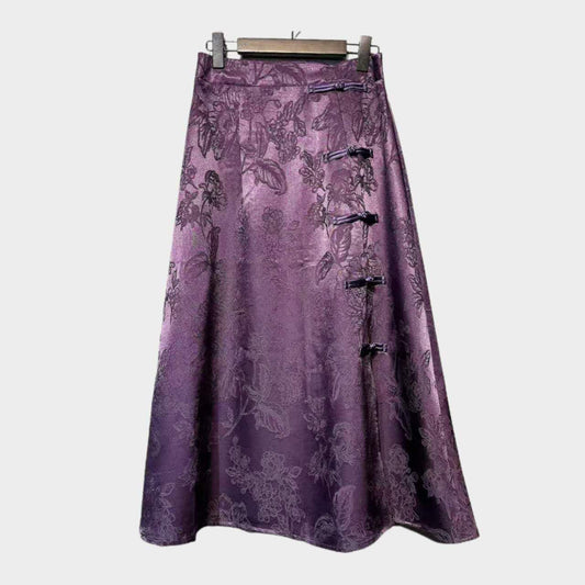 Falda Midi de Seda, Falda A-Line Morada, Estilo Vintage Tang, Falda de Seda Brocada, Falda Inspirada en Hanfu, Falda de Fiesta Jacquard,
