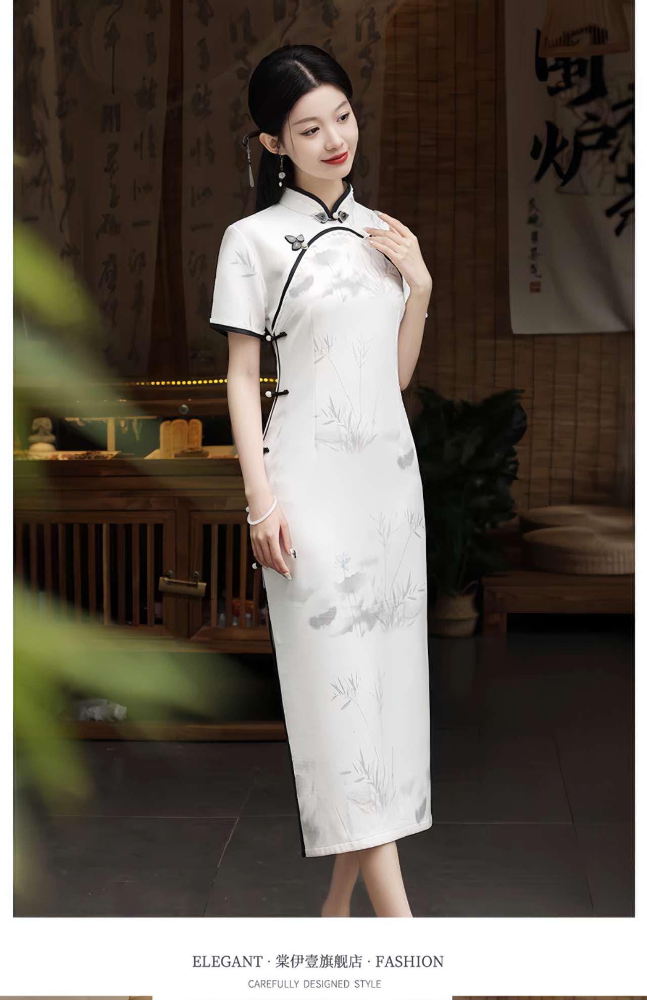 Paisaje Arte Cheongsam Vestido,Blanco Qipao,Vestido Chino para la Ceremonia del Té, Hanfu Estilo Maxi Cheongsam,Estilo Asiático Zen Vestido