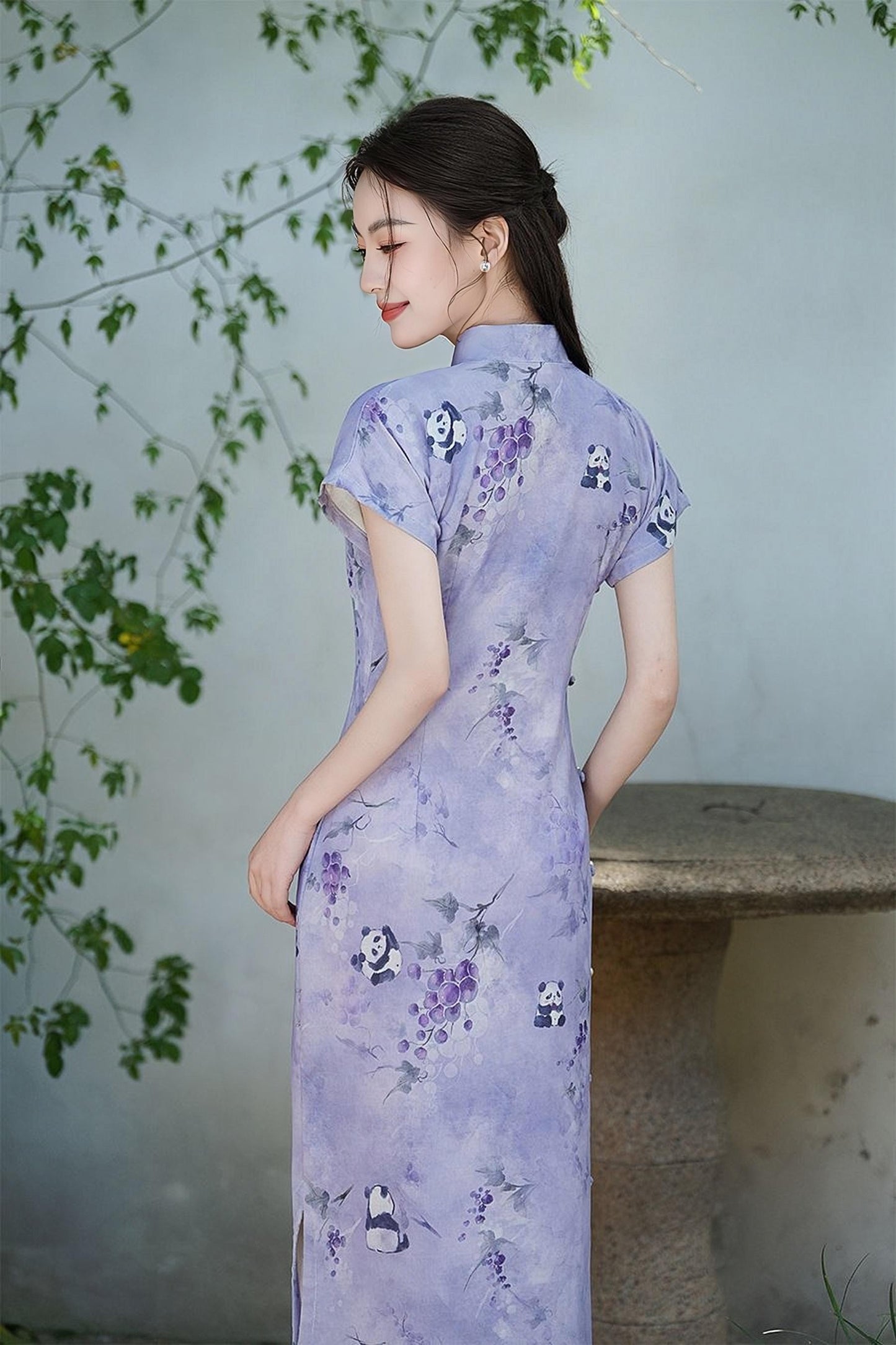 Purple Panda Qipao Dress, Vintage Chinese Cheongsam, Retro Asian Tea Party Dress, Animal Pattern  Dress, regalo para ella