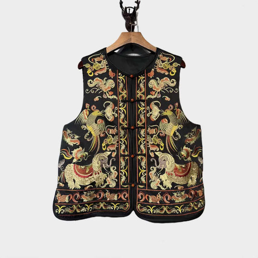 Chaleco Vintage Chino con Bordado Artesanal, Chaleco Estilo Hanfu con Flores y Aves, Regalo Único para Ella, Trabajo diario/Ceremonia del té