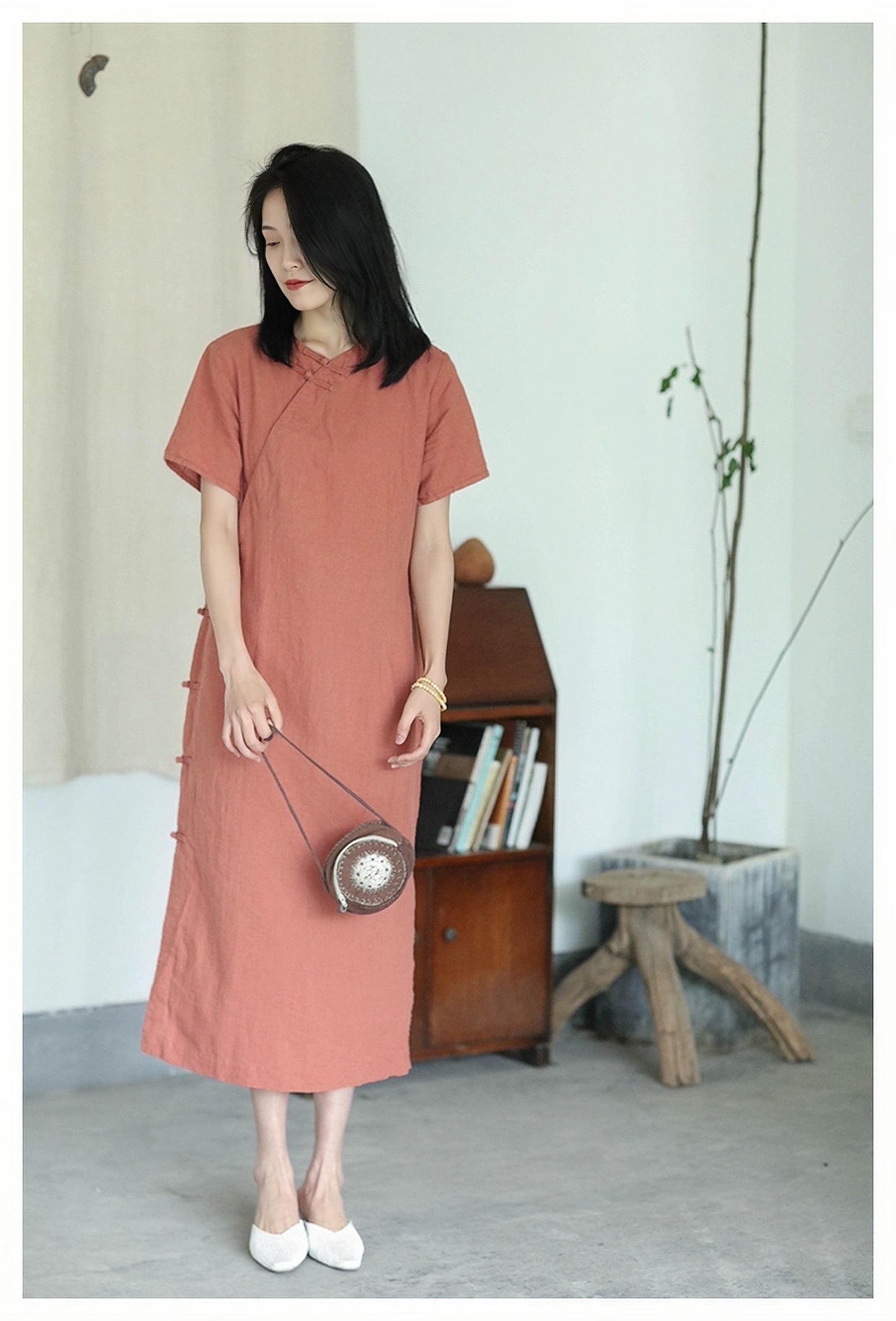 Zen Linen Dress, Japanese Style Dress, Black Cotton Midi Dress, Wabi Sabi Minimal Dress, Vestido de Tejido Natural, Vestido Suelto,vintage