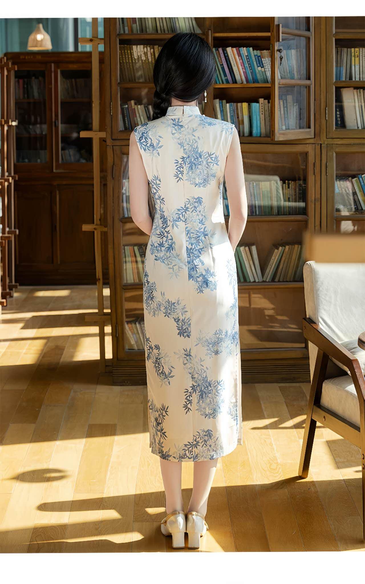 Lino de seda Vestido Cheongsam, Azul Blanco Bambú Qipao, Elegante Vestido de Té Chino, Clásico Estilo Oriental Librería,regalo para ella
