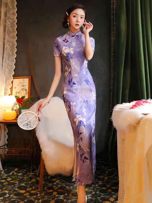 Qipao de Lino de Seda Lavanda, Cheongsam Orquídea Morada, Vestido Qipao Floral, Vestido Chino Vintage, Qipao Estilo Hada, Vestido Romántico