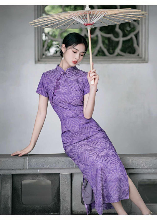 Vestido Cheongsam Púrpura, Vestido Qipao Vintage, Elegante Vestido Chino, Vestido para Eventos Culturales, Vestido para Ceremonia del Té