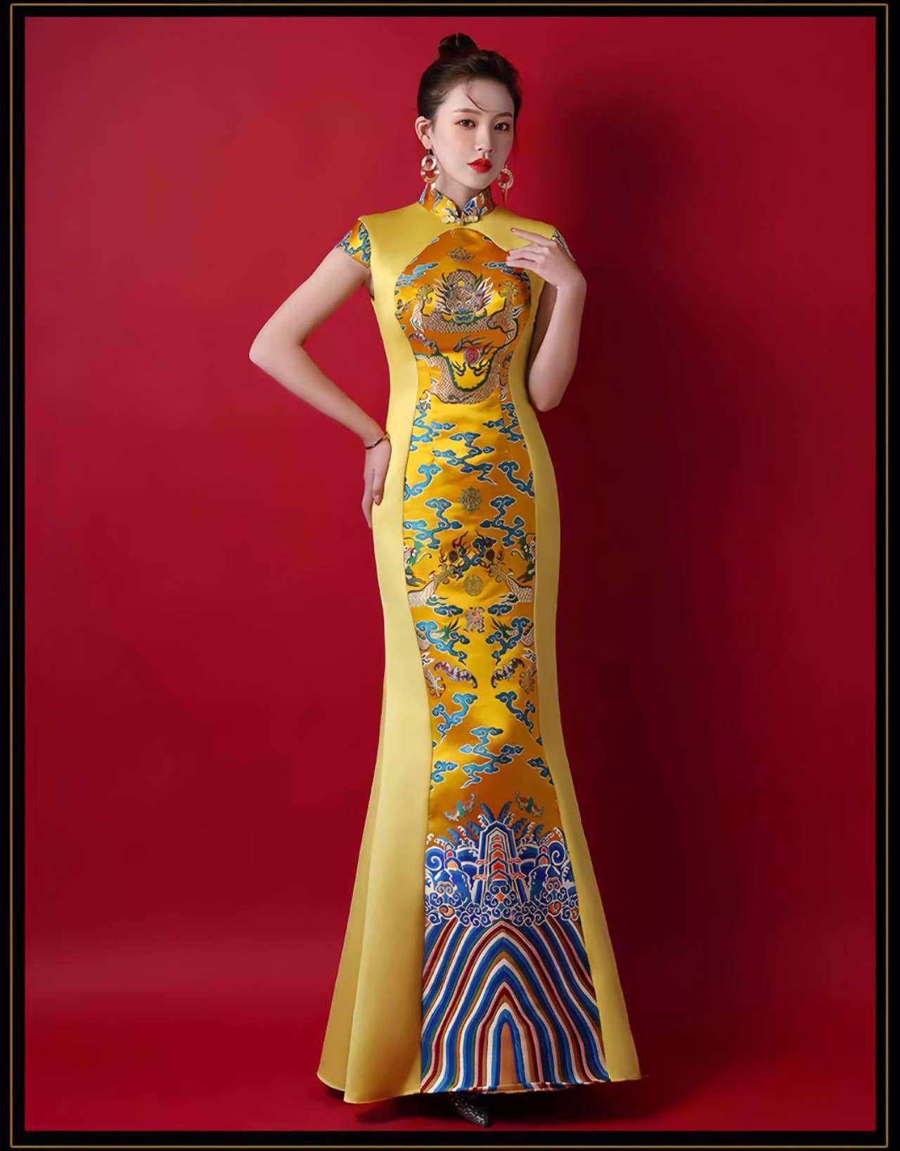 Cheongsam Dragón Imperial, Vestido Chino Amarillo, Vestido de Noche Oriental, Qipao Largo,Traje Tradicional Asiático,Traje Escénico Cultural