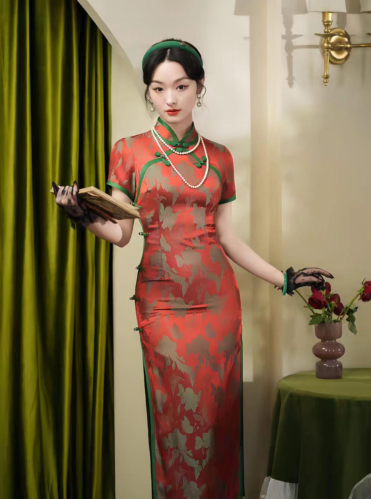 Qipao Brocado rojo, Elegante Cheongsam,Qipao Primavera Verano, Vestido Formal Oriental, Vintage,Cheongsam Invitada de Boda,Ceremonia del Té