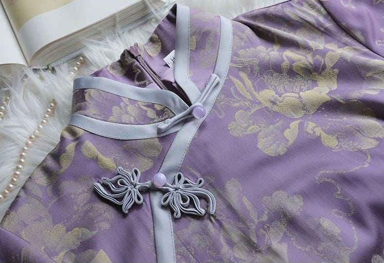 Vestido Qipao Jacquard Acetato Lila | Cheongsam morado Chino Retro | Elegante Vestido de Fiesta Oriental | Cheongsam Floral Mujer