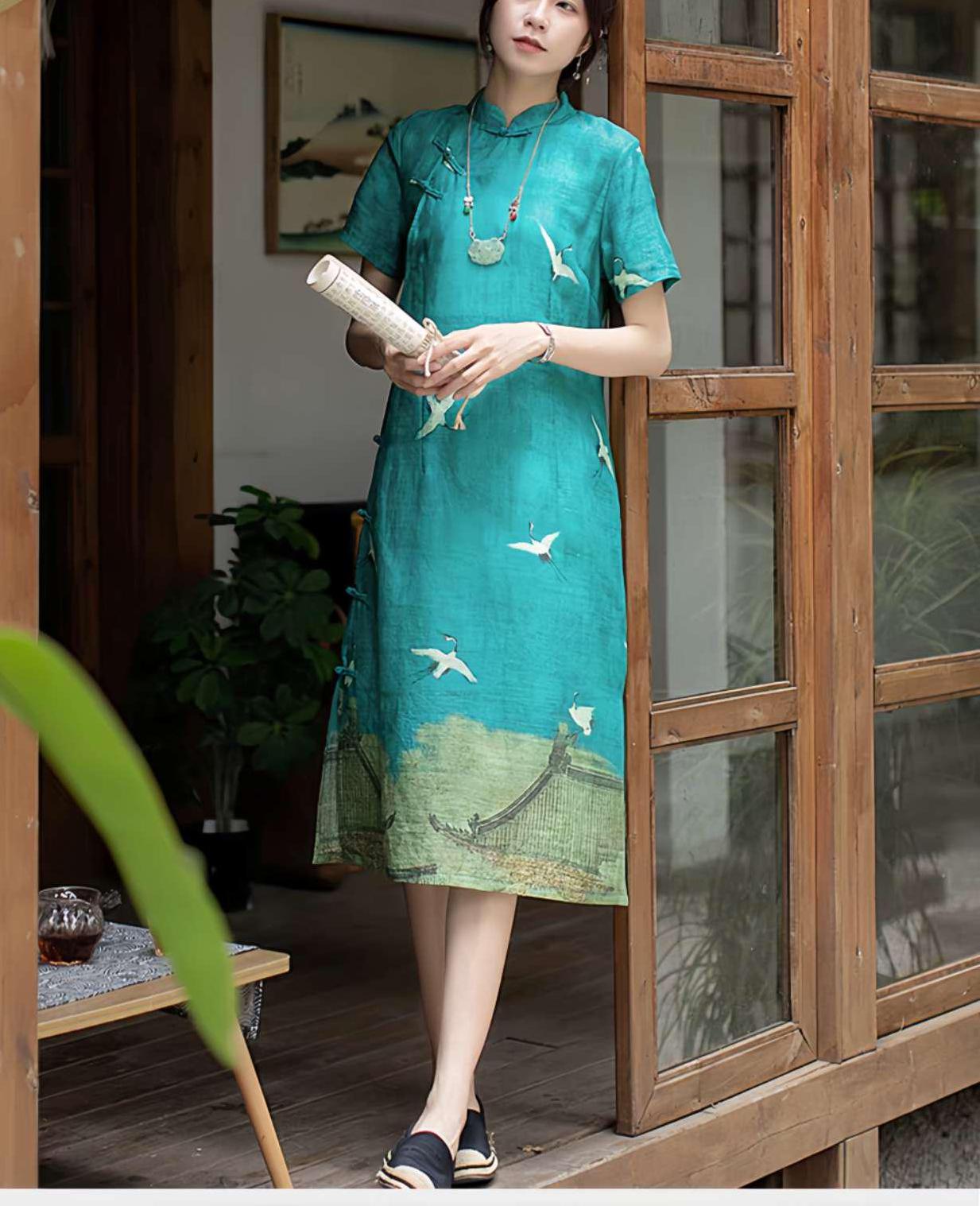 vestido Hanfu de lino chino, vestido largo estilo zen, vestido elegante con grullas  de lino, vestido bohemio oriental, regalo  para madre,