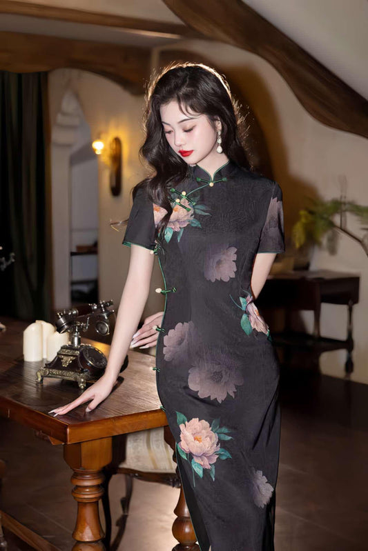 Qipao de raso negro, Elegante Cheongsam floral, Vestido chino vintage, Traje de novia asiático, Ceremonia del Té, Vestido de noche formal