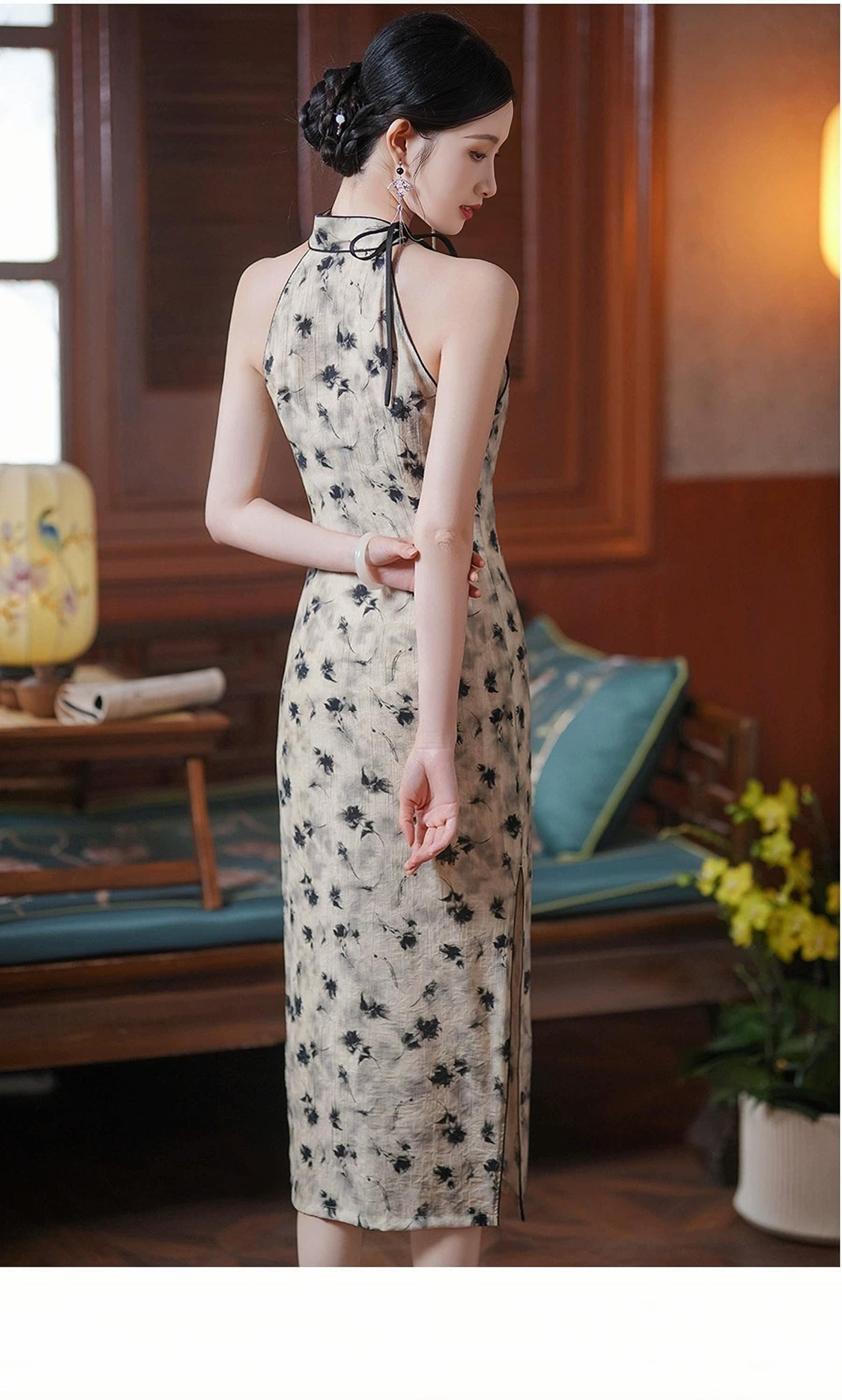 Cuello Halter Qipao, Vestido Floral Negro, Cheongsam Chino Moderno, Vestido Oriental Retro, Qipao de Verano, Vestido de Fiesta de Té, regalo
