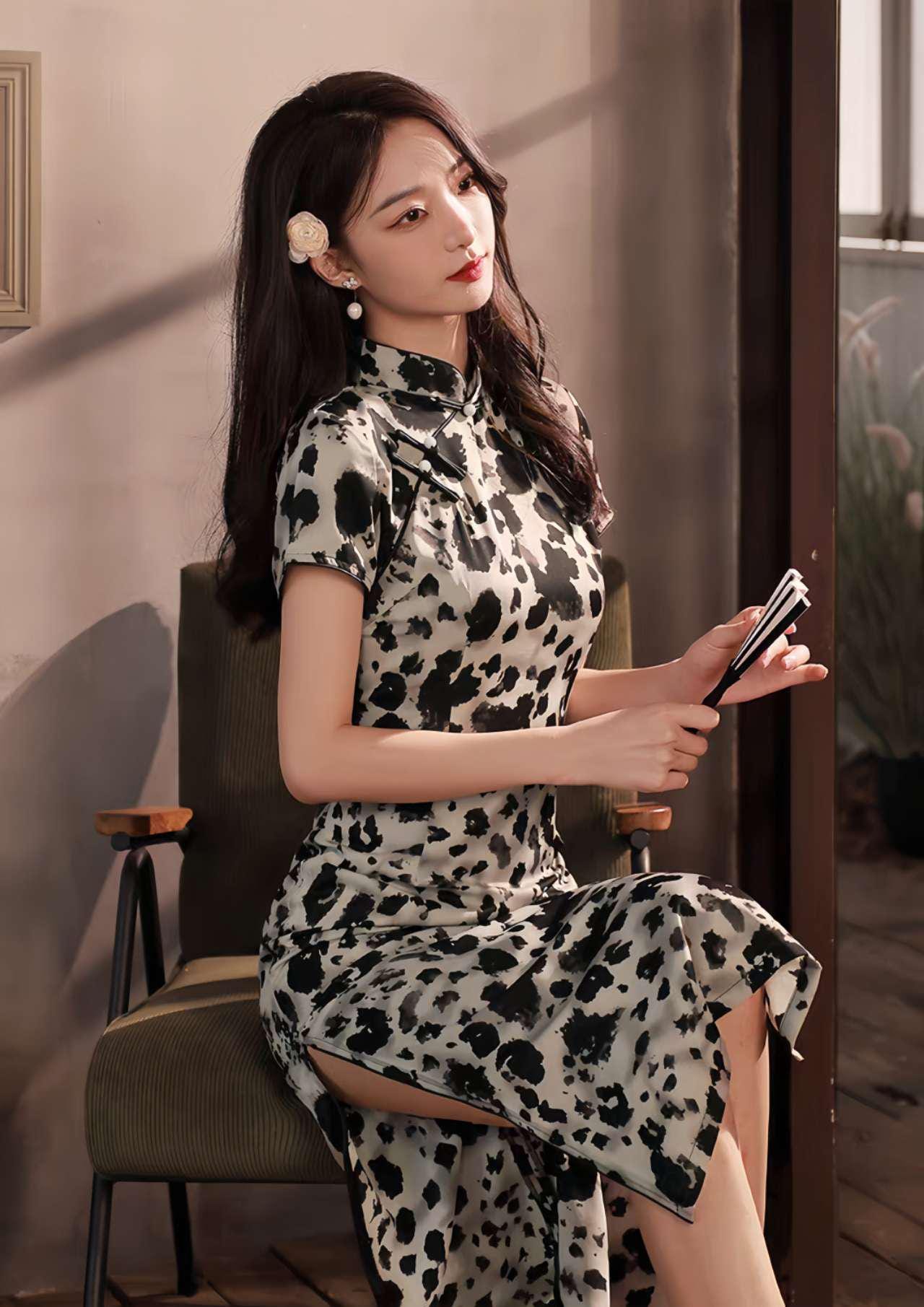 Qipao de raso con estampado de tinta, Cheongsam moderno, Qipao de leopardo blanco y negro, Vestido retro chino de verano,Vestido informal