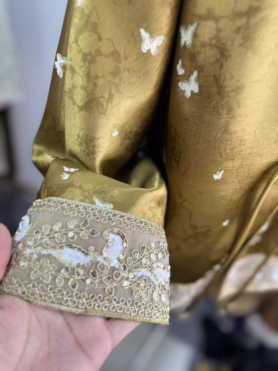 Chaqueta Tang de Oro, Abrigo de Seda China, Top Oriental de Lujo,Blazer Hanfu de Brocado,Prenda Exterior Bordada en Oro,Camisa Estilo Kimono