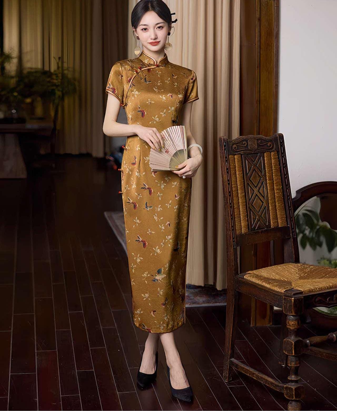 Yellow Bird Qipao, Vintage Cheongsam Dress, Summer Dress, Oriental Floral Dress, Elegant Tea Dress, Gift for Her