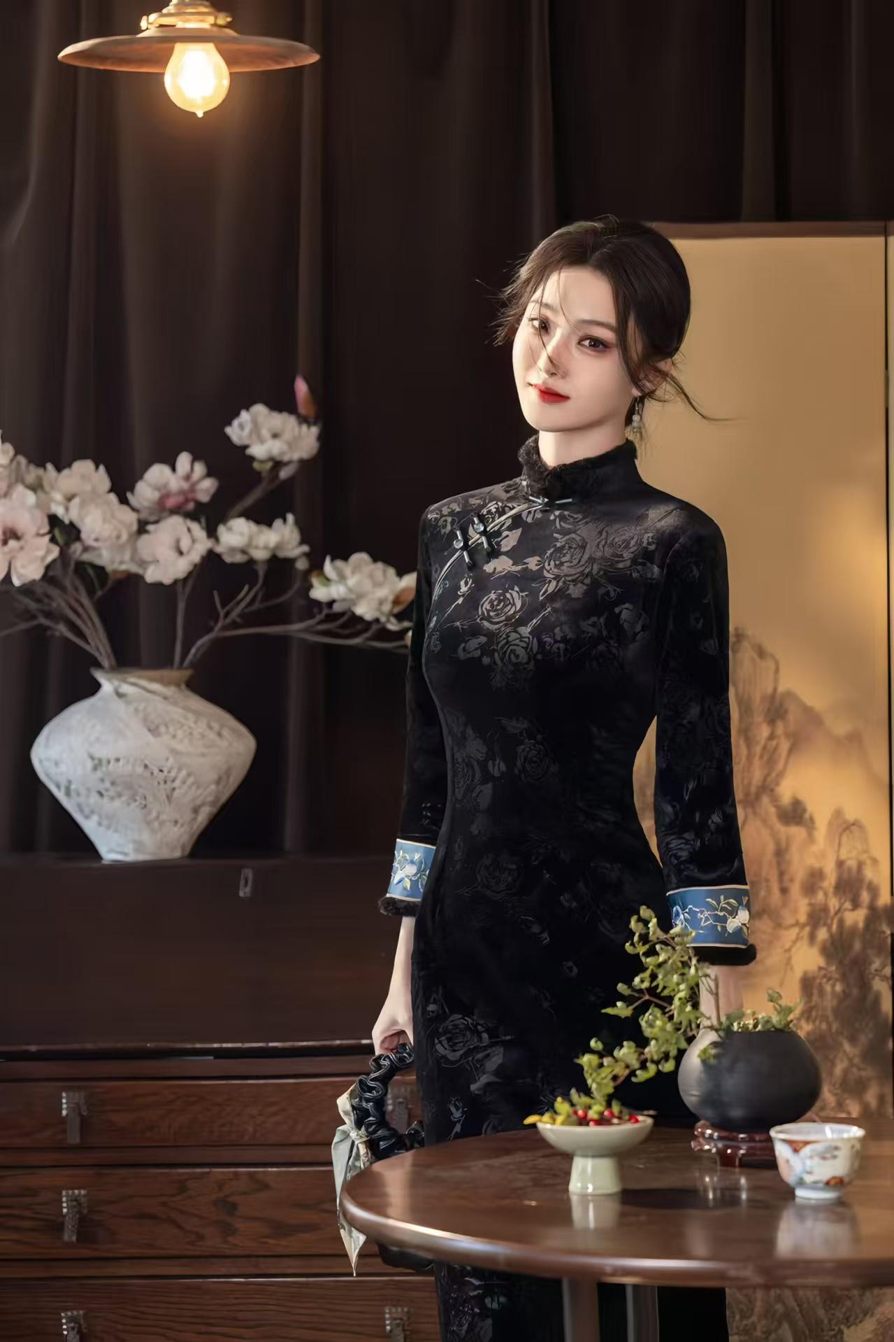Pink Black Velvet Qipao, Fleece Lined Cheongsam, Elegant Chinese Dress, Gothic Oriental Evening Costume, Vintage Luxury Dress