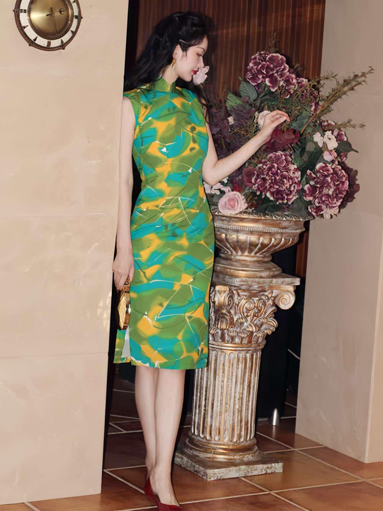 vestido qipao pintura al óleo, cheongsam chino verde moderno, qipao seda japonesa elegante,Vestido Vintage Elegante para Té,regalo para ella