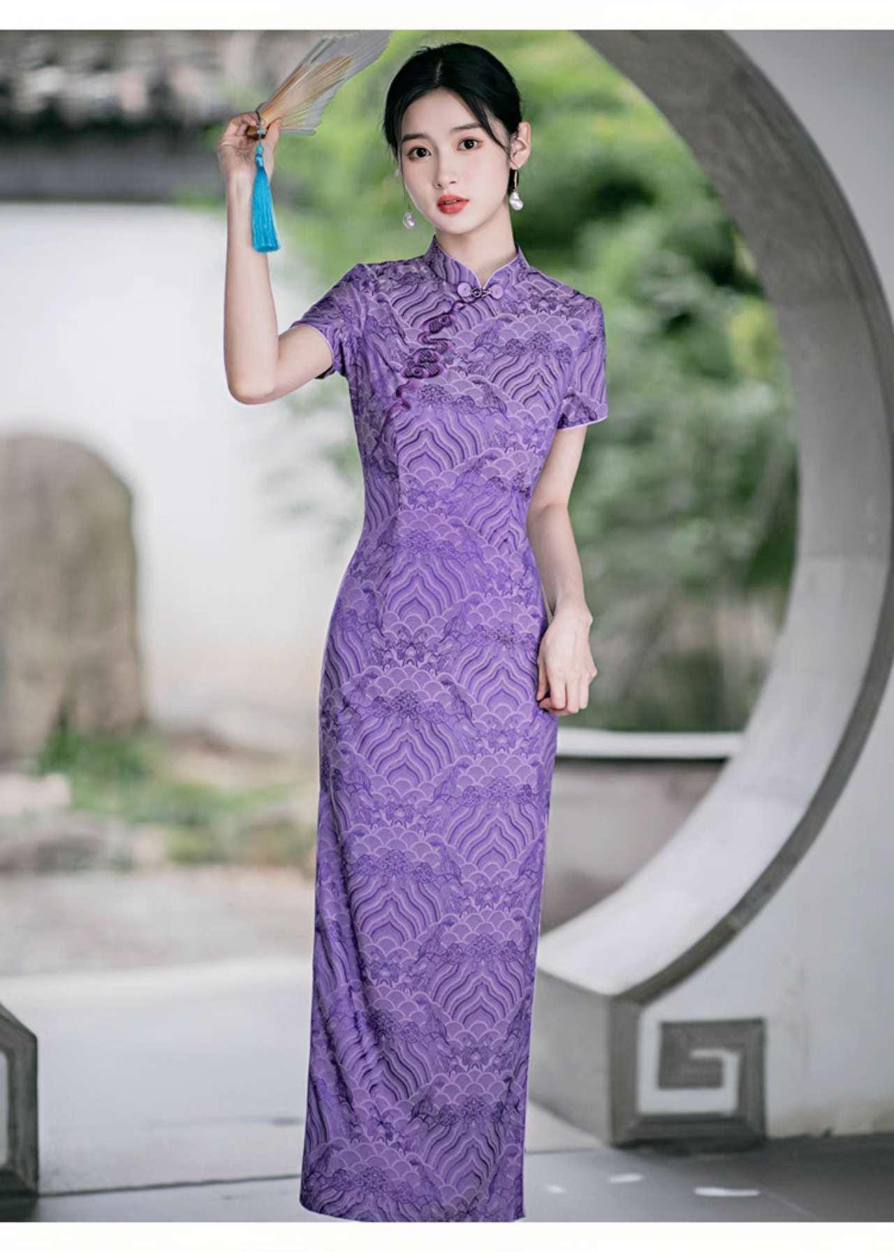 Vestido Cheongsam Púrpura, Vestido Qipao Vintage, Elegante Vestido Chino, Vestido para Eventos Culturales, Vestido para Ceremonia del Té