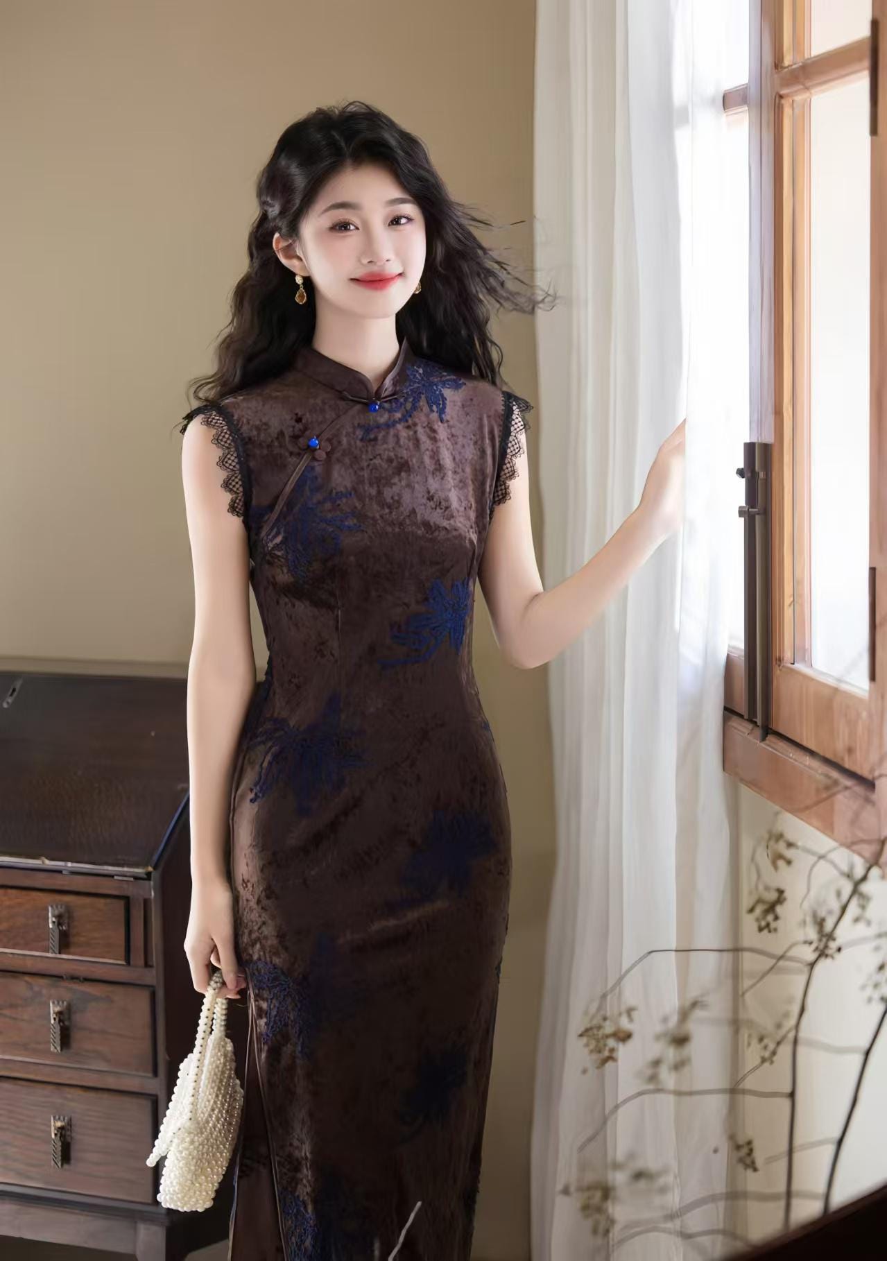 Velvet Qipao Dress with Diamonds, Coffee Brown Cheongsam with Blue Embroidery, Elegant Chinese Midi Dress with Lace Trim, Autumn Luxury