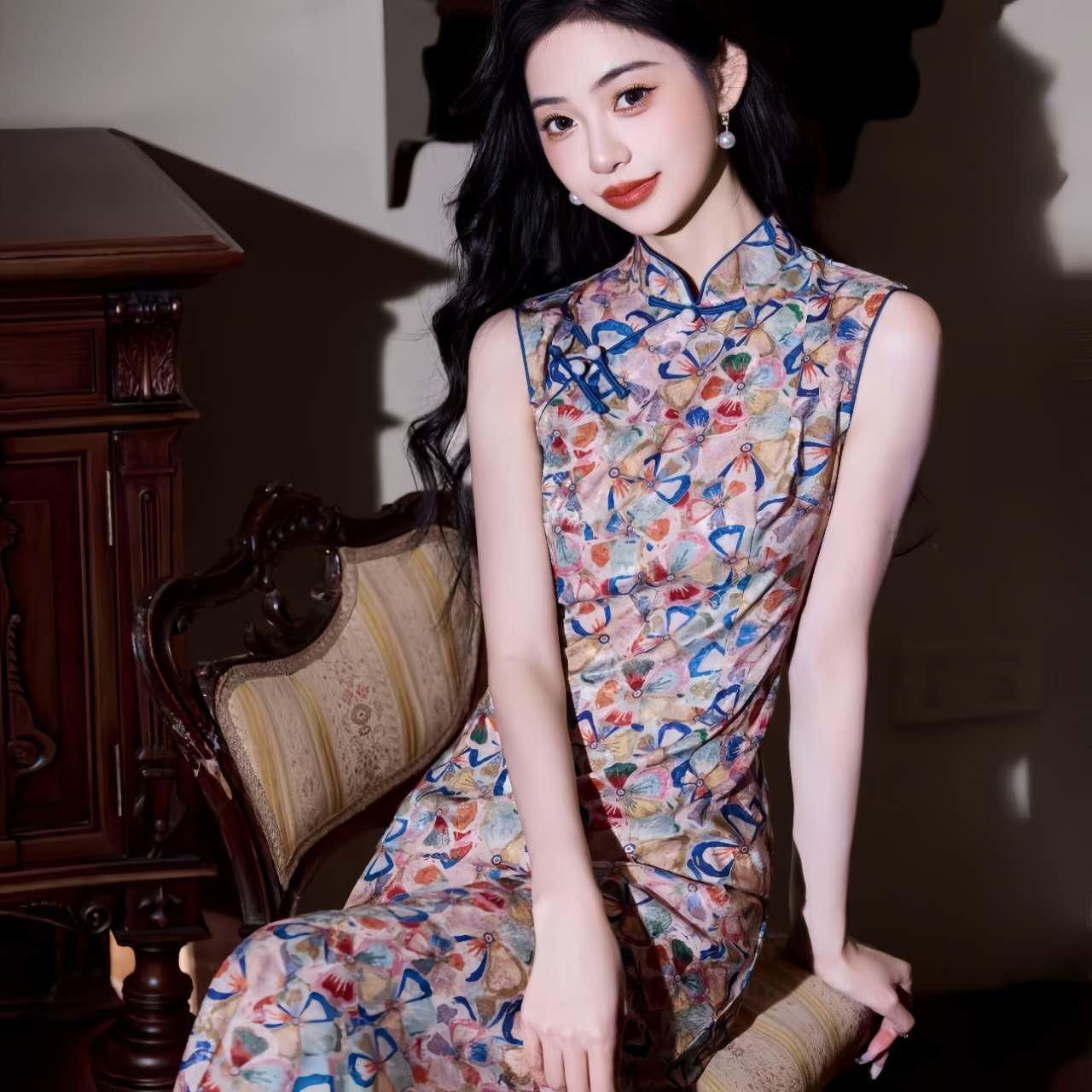 Qipao con Patrón Floral Abstracto,Cheongsam Moderno,Vestido Vintage Estilo Chino,Brillante Vestido de Cóctel,Vestido con Estampado Artístico
