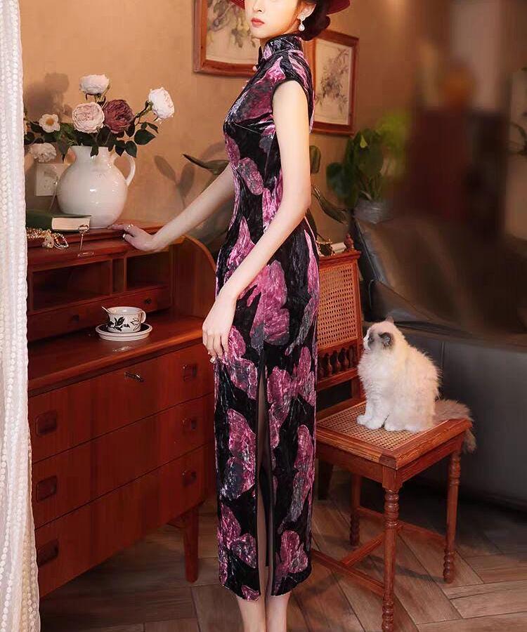 Vestido Qipao de Terciopelo, Cheongsam Chino Verde con Estampado de Hojas, Ideal para Ceremonia de Té, Regalo Elegante para Ella