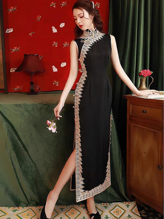 vestido qipao negro,vestido largo tradicional chino, Cheongsam estilo Shanghái retro, vestido asiático sexy,Vestido Vintage para Té