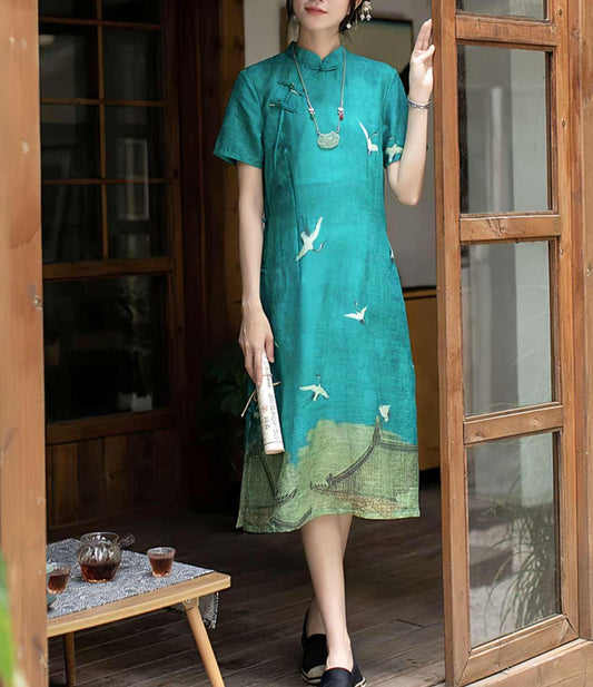 vestido Hanfu de lino chino, vestido largo estilo zen, vestido elegante con grullas  de lino, vestido bohemio oriental, regalo  para madre,