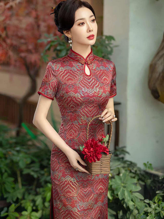 Qipao Brocado Rojo, Elegante Vestido Cheongsam, Vestido Chino Vintage, Vestido Cocktail Oriental, Qipao Boda Retro, tallas grandes L-5XL