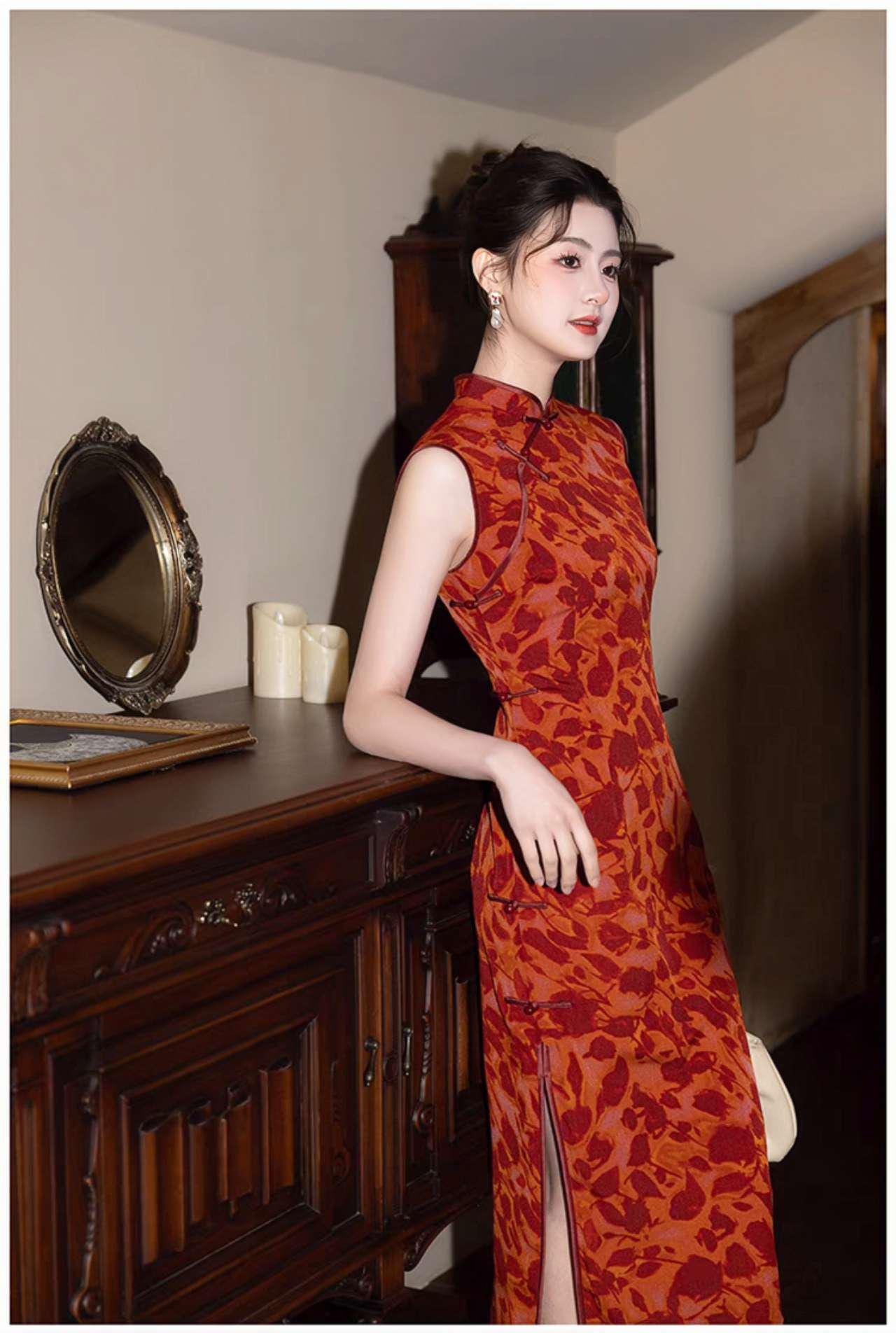 Qipao Floral Rojo, Vestido Chino Retro, Cheongsam Vintage, Traje de Boda, Elegante Moda Asiática, Vestido para Té o Gala, regalo para ella