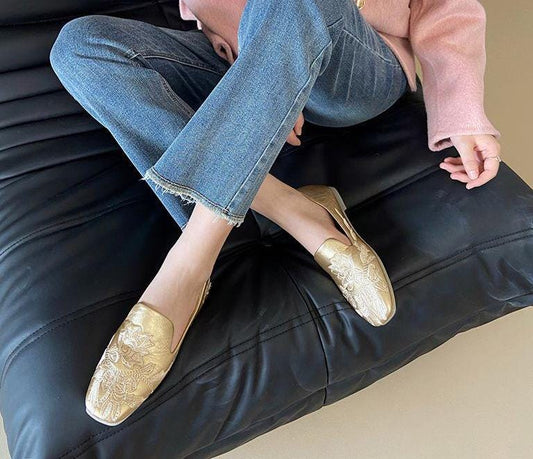 Mocasines artísticos de punta cuadrada, mocasines bordados de loto, flats bordados retro, zapatos cómodos estilo qipao, regalo para mamá