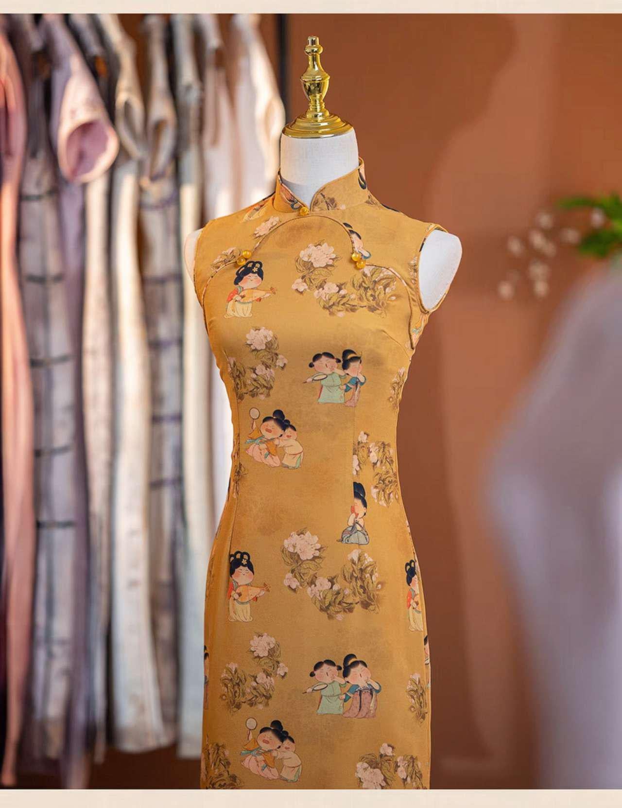 Retro cheongsam dress, long qipao with Chinese patterns, vintage artistic dress, gift for mom, elegant vintage tea dress
