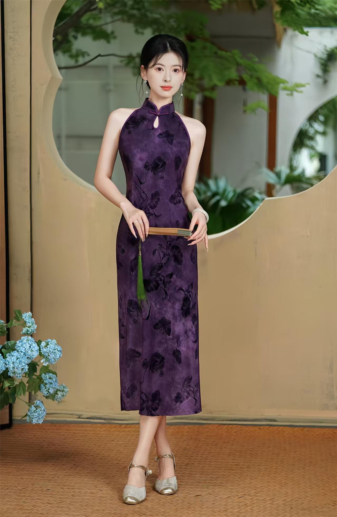 Purple Velvet Qipao, Floral Butterfly Cheongsam, Sexy Oriental Cocktail Dress, Gift for Her, Exotic Cultural Costume, Elegant