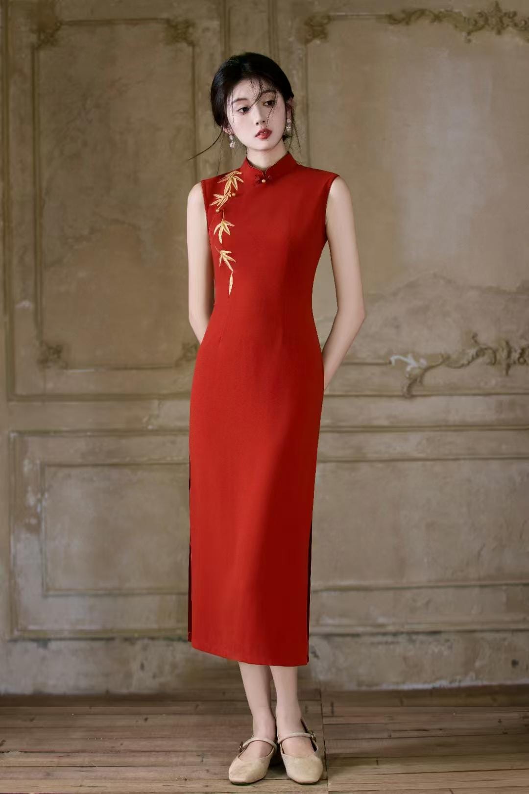 Luxury Satin Embroidered Qipao, Double-Layer Cheongsam Dress, Elegant Gown with Mandarin Collar, Vintage Chinese Evening Dress, Weddings and Parties