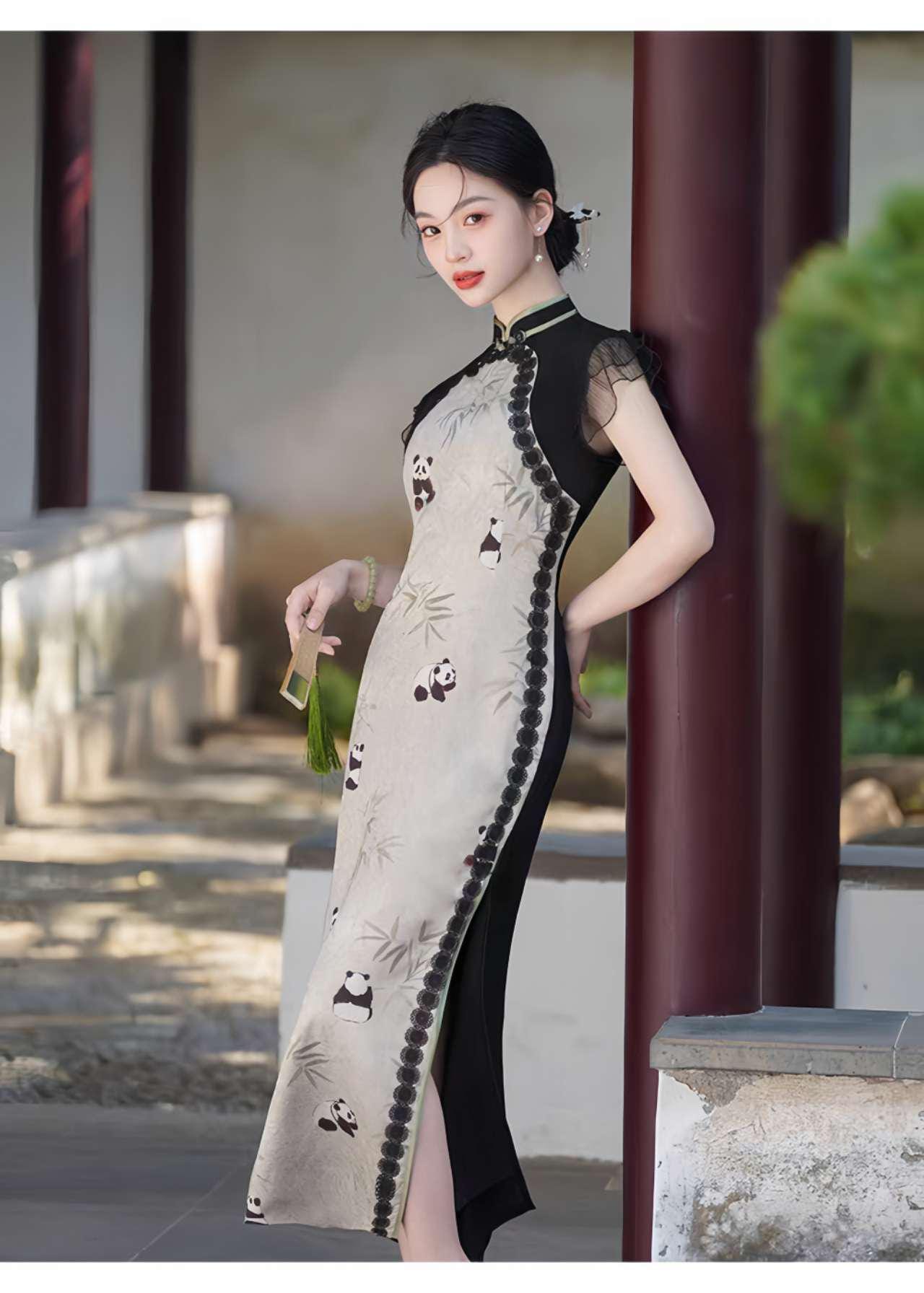 Elegante vestido de panda, Vestido de verano de estilo asiático, Qipao de manga fluida, Qipao con estampado de animales, regalo para ella