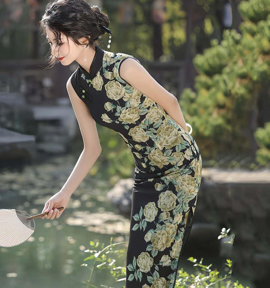 Qipao Floral Sin Mangas – Vestido Cheongsam de Malla Suiza – Elegante Vestido Chino para Fiesta de Té – Moda Asiática Vintage
