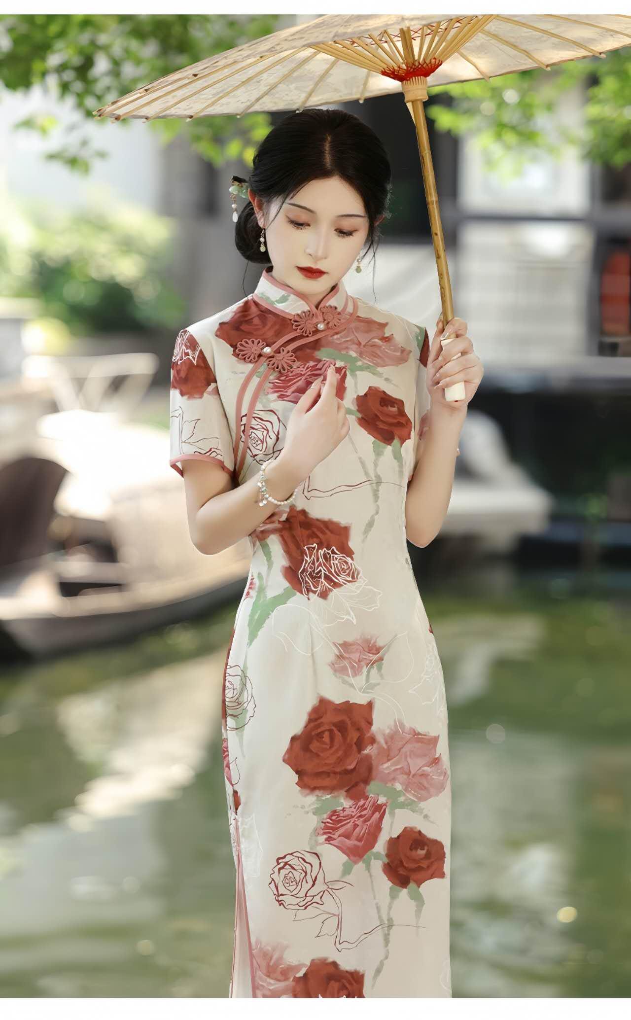 Qipao Estilo Francés, Cheongsam Rosa Floral,Vestido Romántico de Jardín, Qipao de Satén Brocado, Vestido Artístico Femenino,regalo para ella