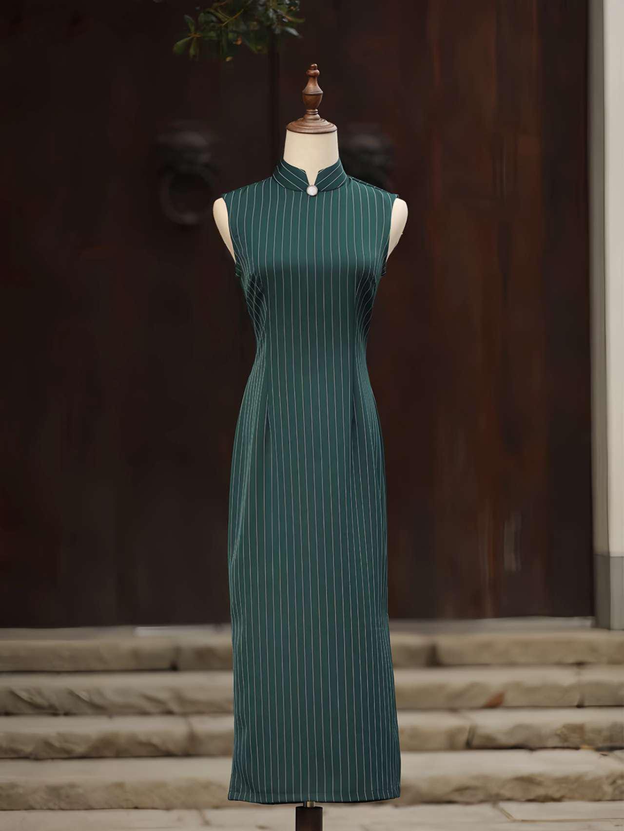 Vestido Qipao Verde Oscuro, Cheongsam Sin Mangas, Vestido Chino Retro a Rayas, Elegante Qipao para Oficina, Vestido Oriental Minimalista