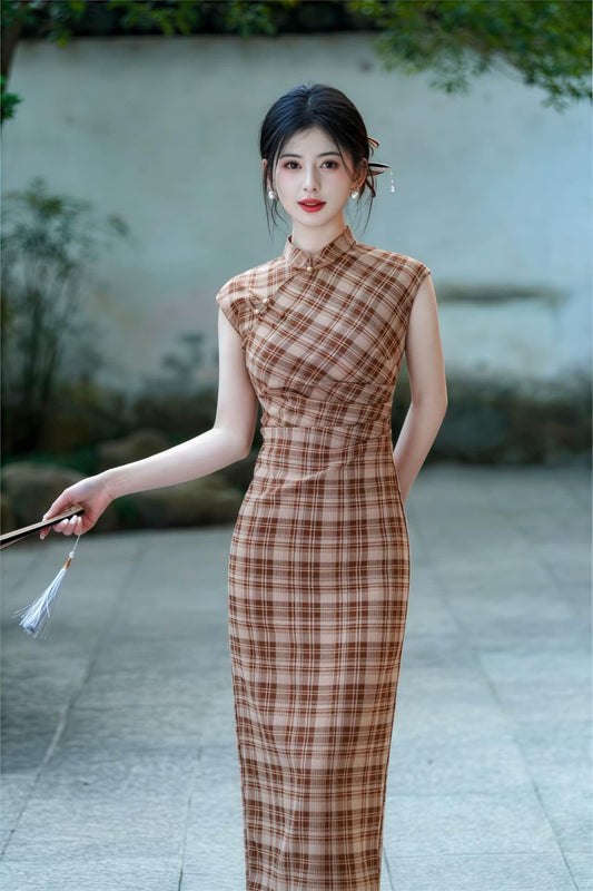 Vestido Qipao a cuadros, Vestido a cuadros clásico, Cheongsam de punto vintage, Conjunto minimalista asiático, Cheongsam de rejilla retro