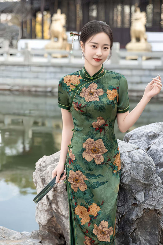 Qipao Floral Verde, Vestido Cheongsam de Seda, Vestido Estampado Peonía,Estilo Retro Chino, Vestido Qipao Clásico, Ceremonia del Té, regalo