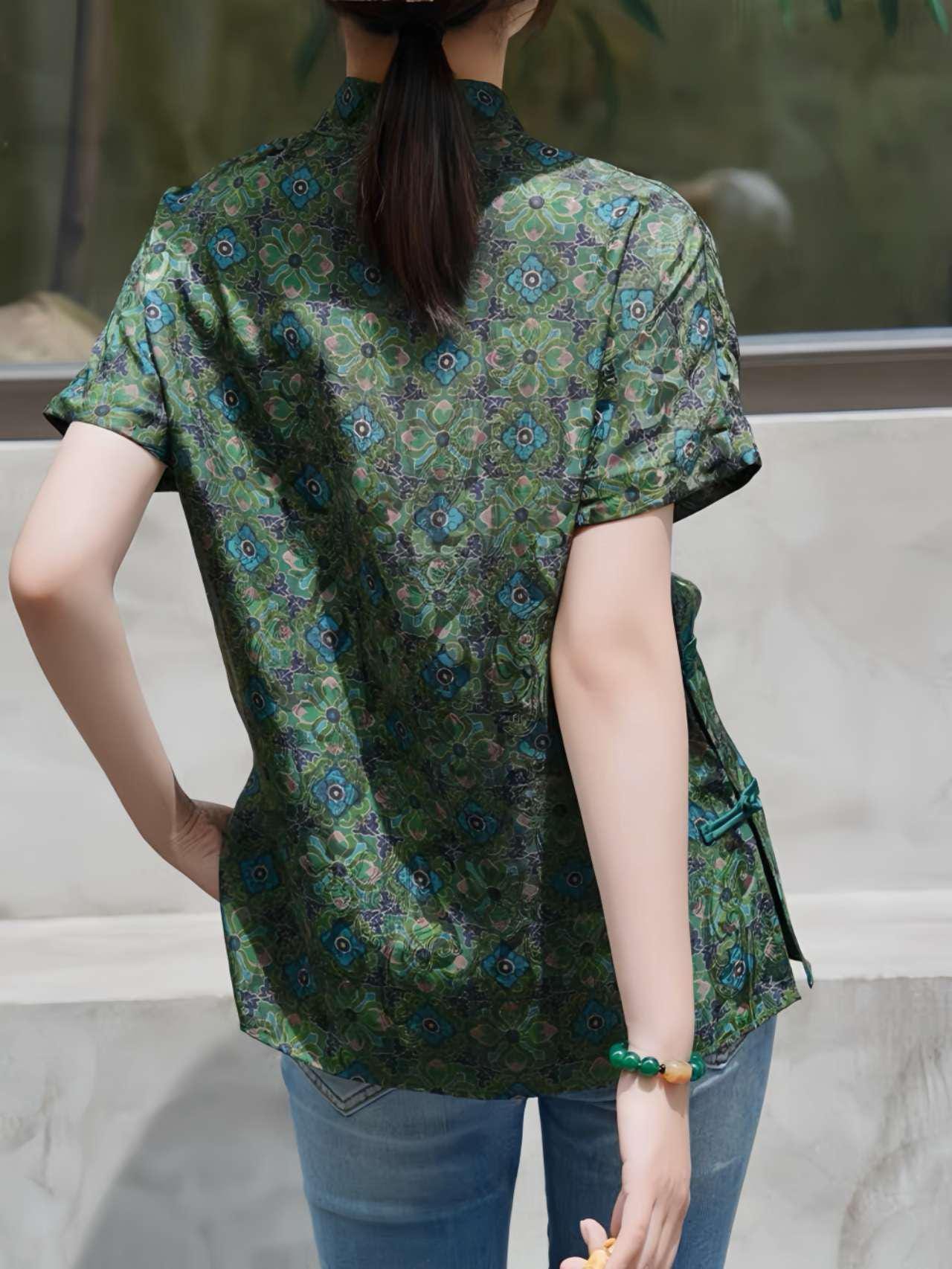 Camisa Verde China Tang,Top Vintage, Blusa Floral,Camisa Tradicional Botón Rana, Top Retro Verano,Moda Cultural Boho,Camisa étnica Statement